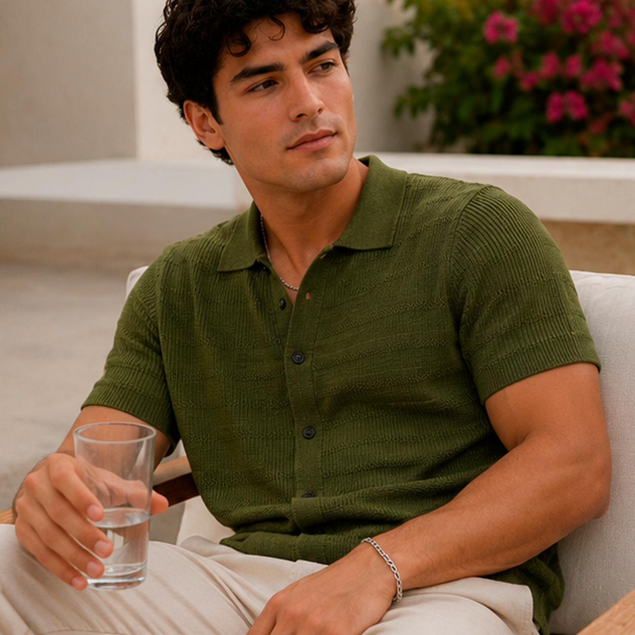 OLIVE MARAIS KNIT SHIRT Camisa Tejida Verde Olivo para Hombre Estilo Resort y Contemporáneo